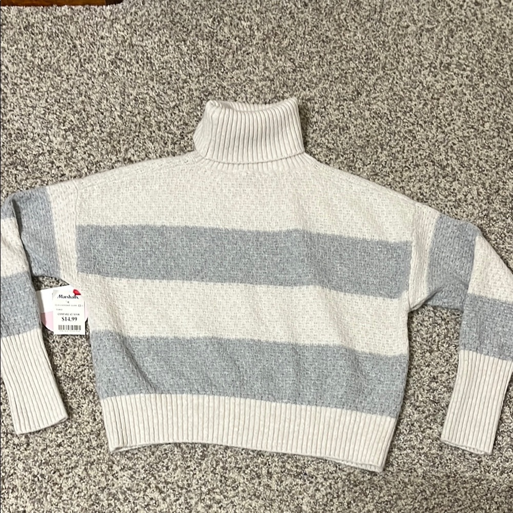 Moa Moa Gray and Cream Cowl Neck Sweater with Ribbed Details
